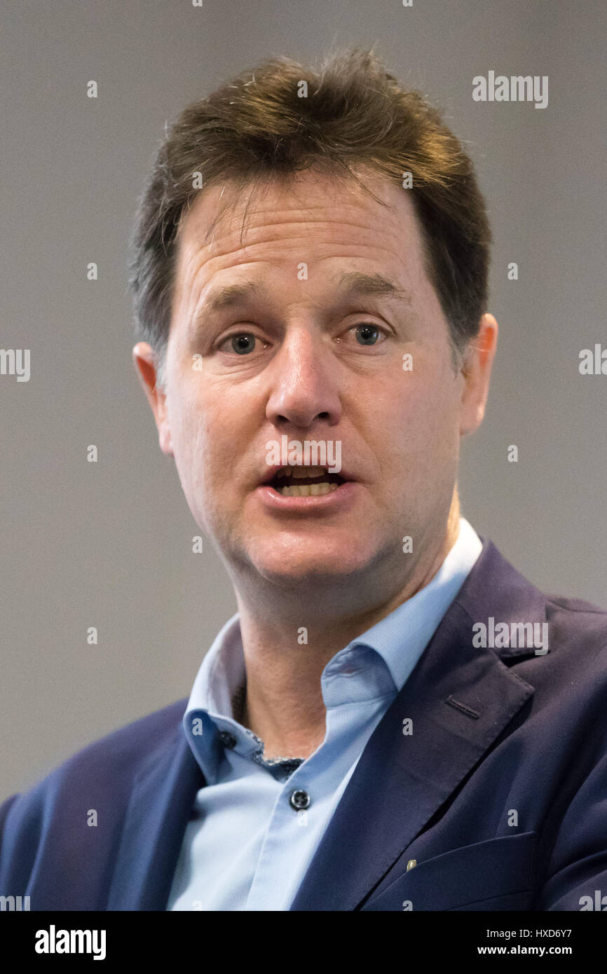 London, UK. 28th March 2017. Nick Clegg speaking at the Open Britain press conference. Leading supporters of the Open Britain campaign, Nicky Morgan MP, Chris Leslie MP and Nick Clegg MP hosted a press conference in which they answered questions about the Open Britain campaign’s publication: The Government’s Brexit Contract with the British people. Credit: Vickie Flores/Alamy Live News Stock Photo