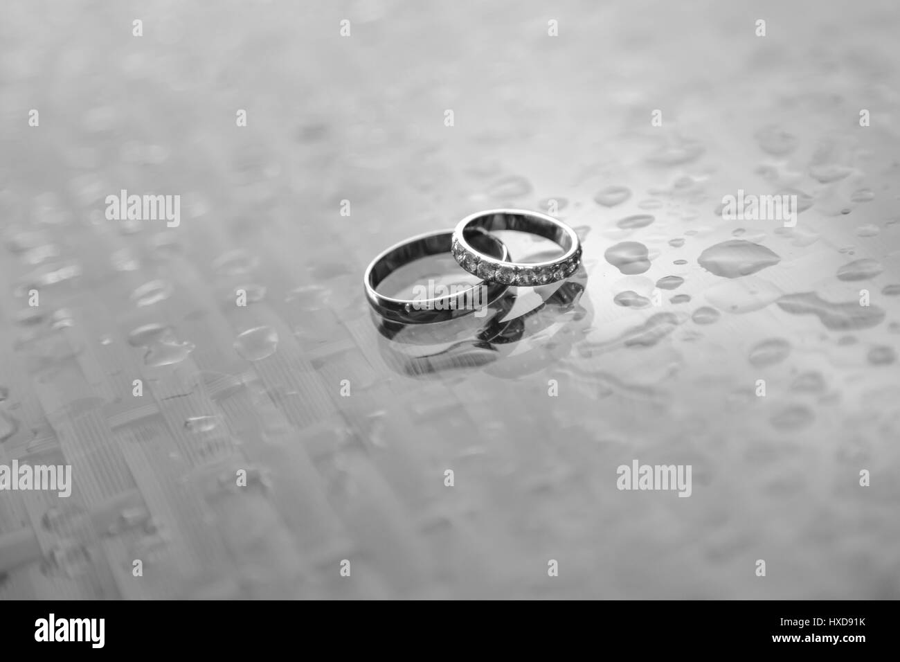 Wedding rings macro with water drops Stock Photo