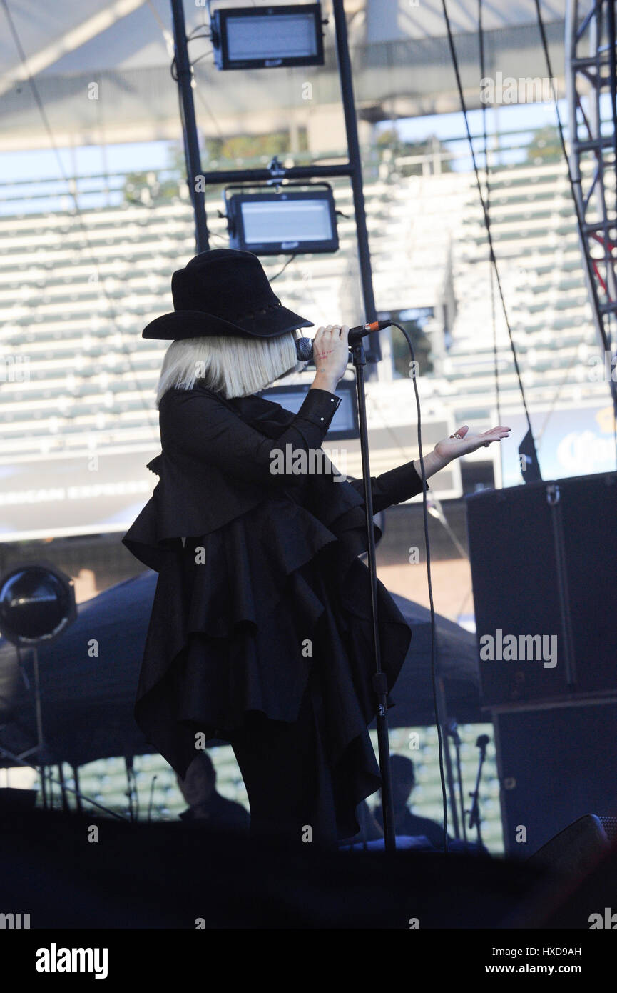 Singer / Songwriter Sia Furler performs a live concert at the 2015 KIIS FM Wango Tango at the StubHub Center on May 9th, 2015 in Carson, California. Stock Photo