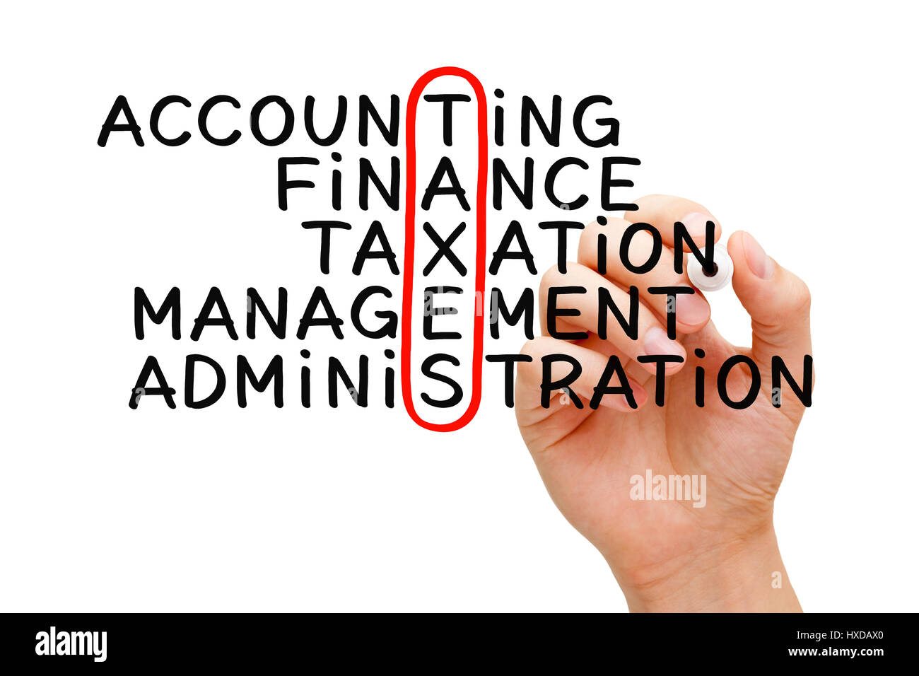 Hand writing Taxes crossword concept with marker on transparent wipe