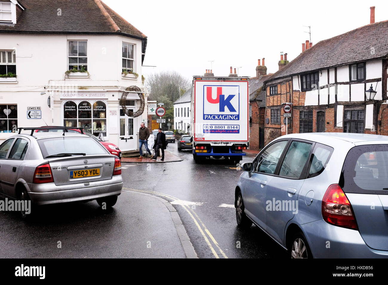 Busy traffic congestion in rural village of Ditchling near Brighton in Sussex UK Stock Photo