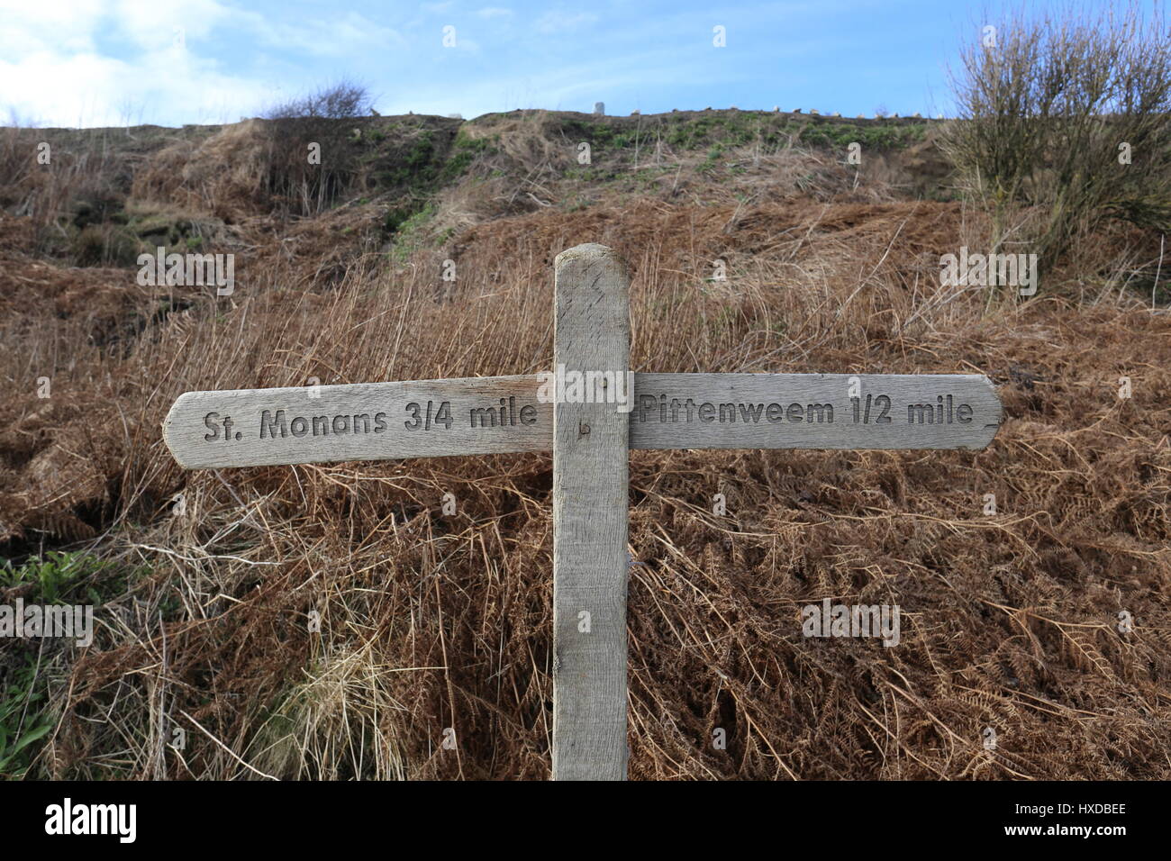 Signpost of Fife coastal path between St Monans and Pittenweem Fife Scotland February 2017 Stock
