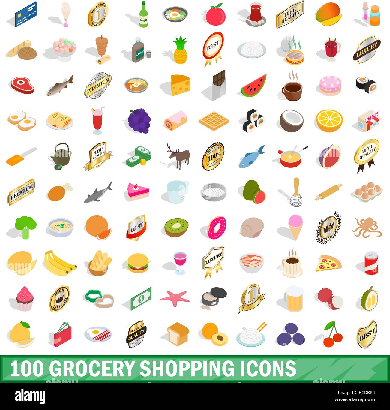 100 grocery shopping icons set, isometric 3d style Stock Vector
