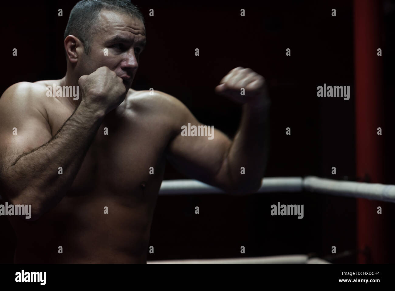 professional kickboxer with hands in martial arts position training for