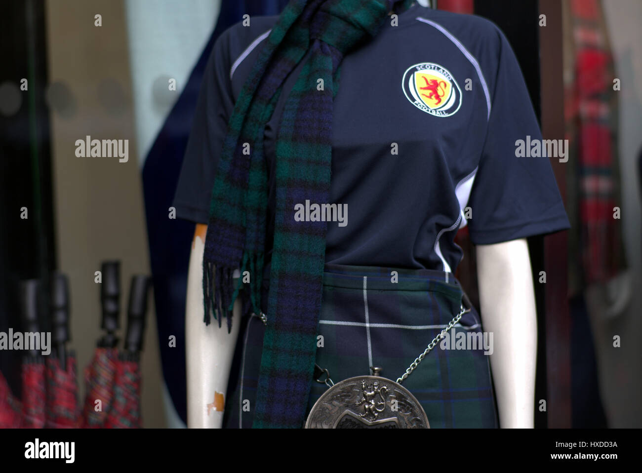 Scotland flag rugby shirt kilt sporran kitsch tartan scarf Stock Photo