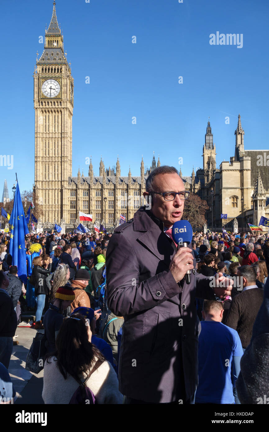 25th March 2017 - 100,000 people march in London against Brexit on the EU 60th anniversary. A correspondent for the Italian TV network RAI Stock Photo