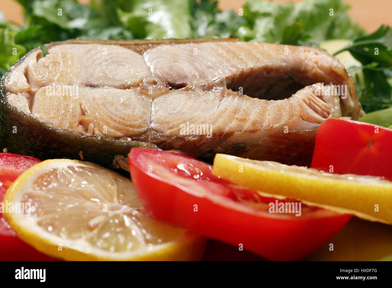 salmon seafood with salad close up Stock Photo