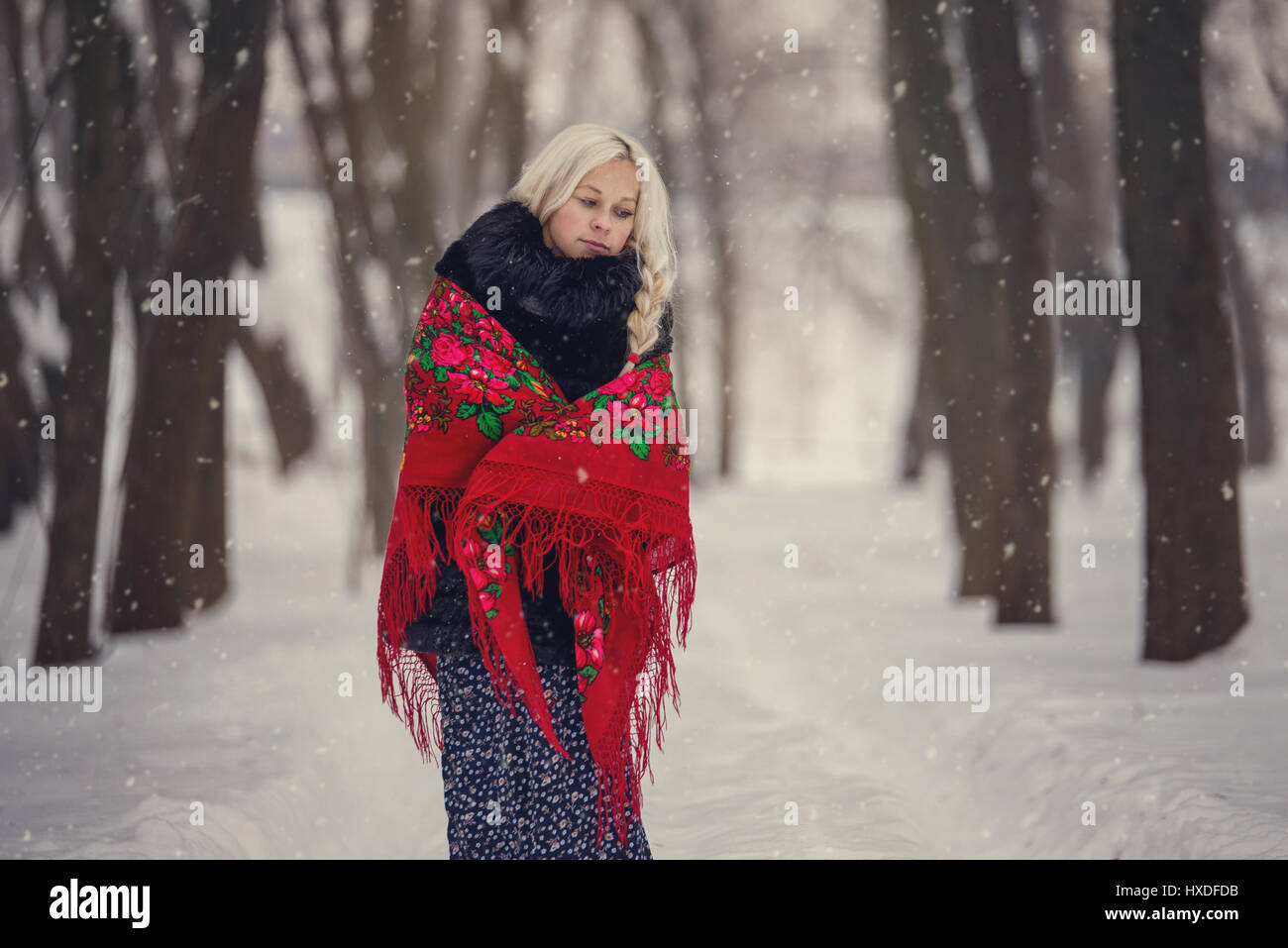 Portrait of a young caucasian woman in russian style on a strong frost in a winter snowy day. Russian model girl in traditional dress Stock Photo