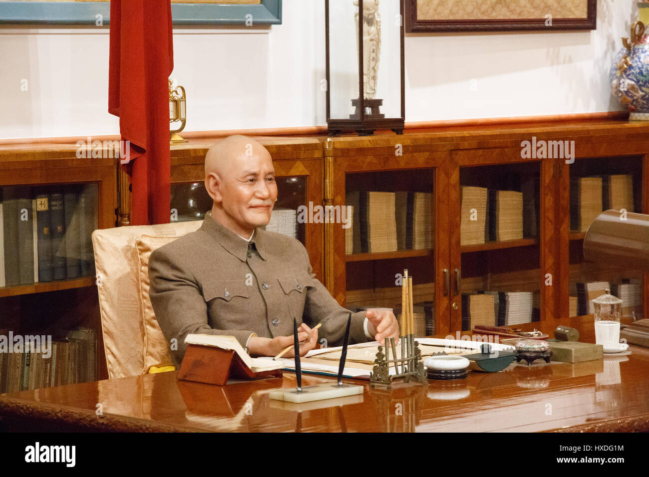 [Editorial Use Only] TAIWAN, TAIPEI CITY: Wax sculpture of President Chiang Kai-shek behind his desk Stock Photo