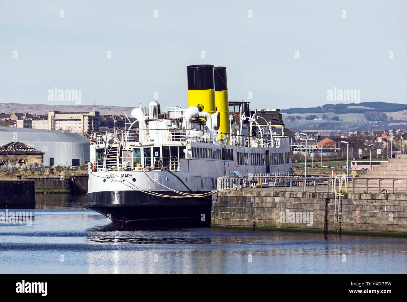 Turbo Steamer TS Queen Mary moored at her temporary berth at Princes Dock basin beside the Science Centre in Glasgow Scotland Stock Photo