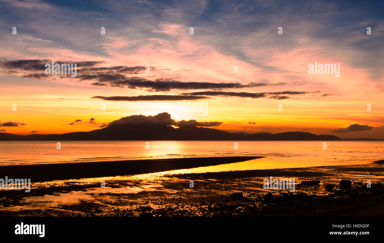 Arran on fire at sunset with a glowing red and amber sky that is then ...