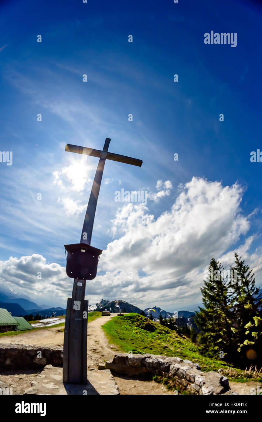 Viewn on summit cross on the top of Brauneck mountain Stock Photo