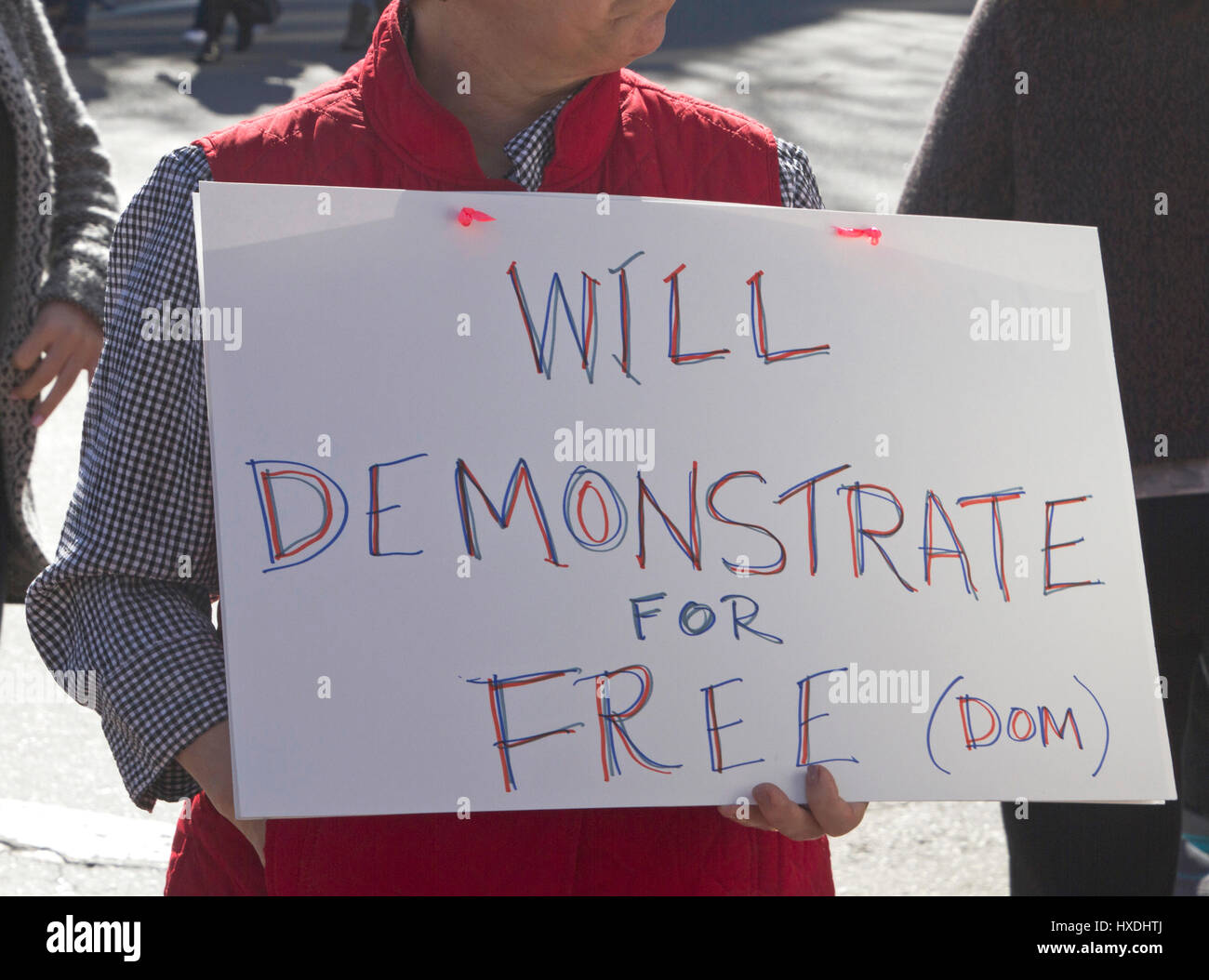 Asheville, North Carolina, USA - February 25, 2017: Close up of a demonostrator at an ACA rally holding a sign that says 'Will Demonstrate For Free' Stock Photo