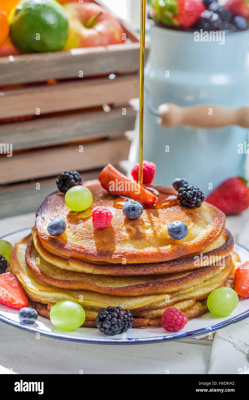 Pancakes With Fruits Poured Maple Syrup Stock Photo Alamy pancakes-with-fruits-poured-maple-syrup-stock-photo-alamy
