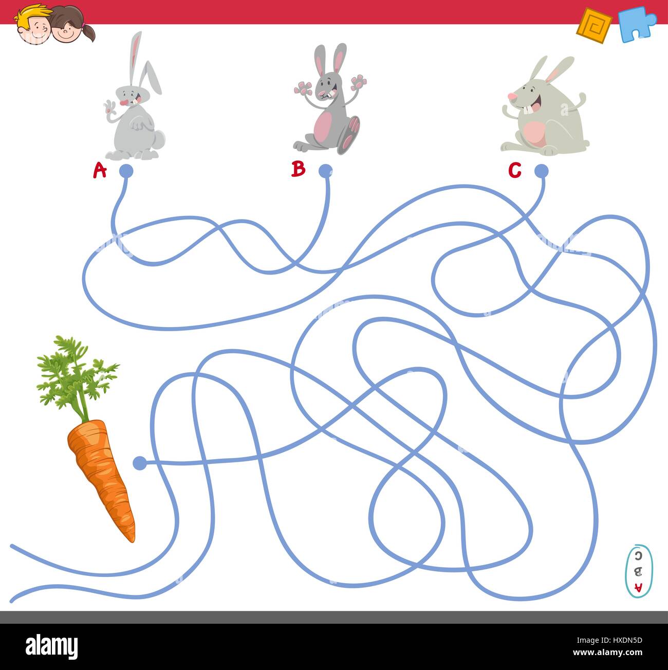 Cartoon Illustration of Paths or Maze Puzzle Activity Game with Rabbit ...