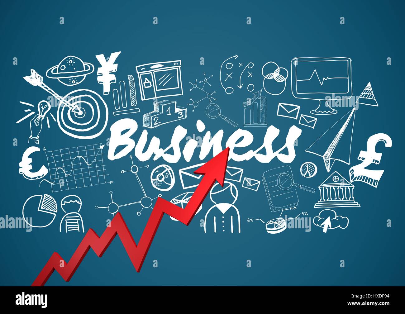 Digital composite of Red arrow with white business doodles against blue ...