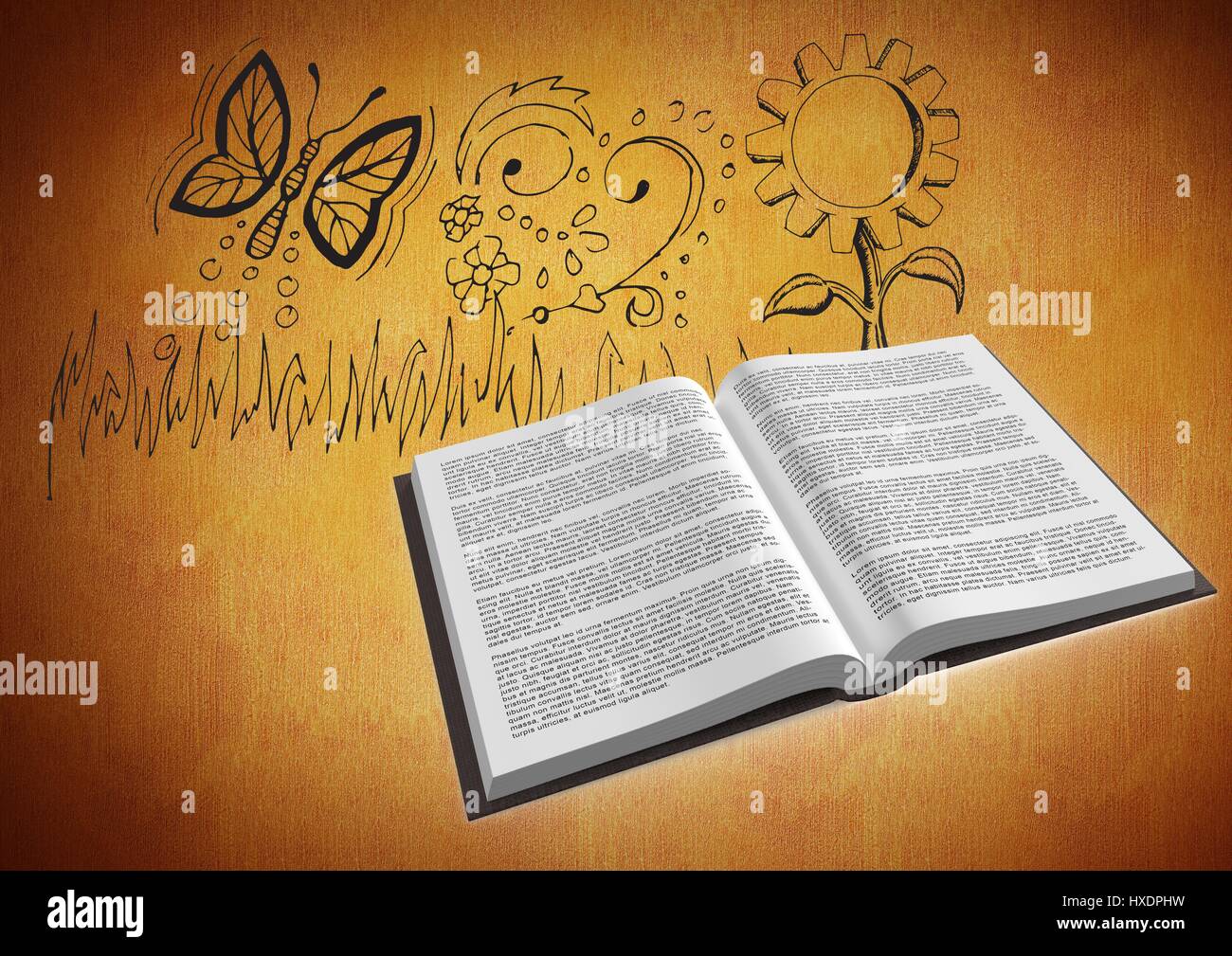 Digital composite of Book open against drawings of nature on orange background Stock Photo