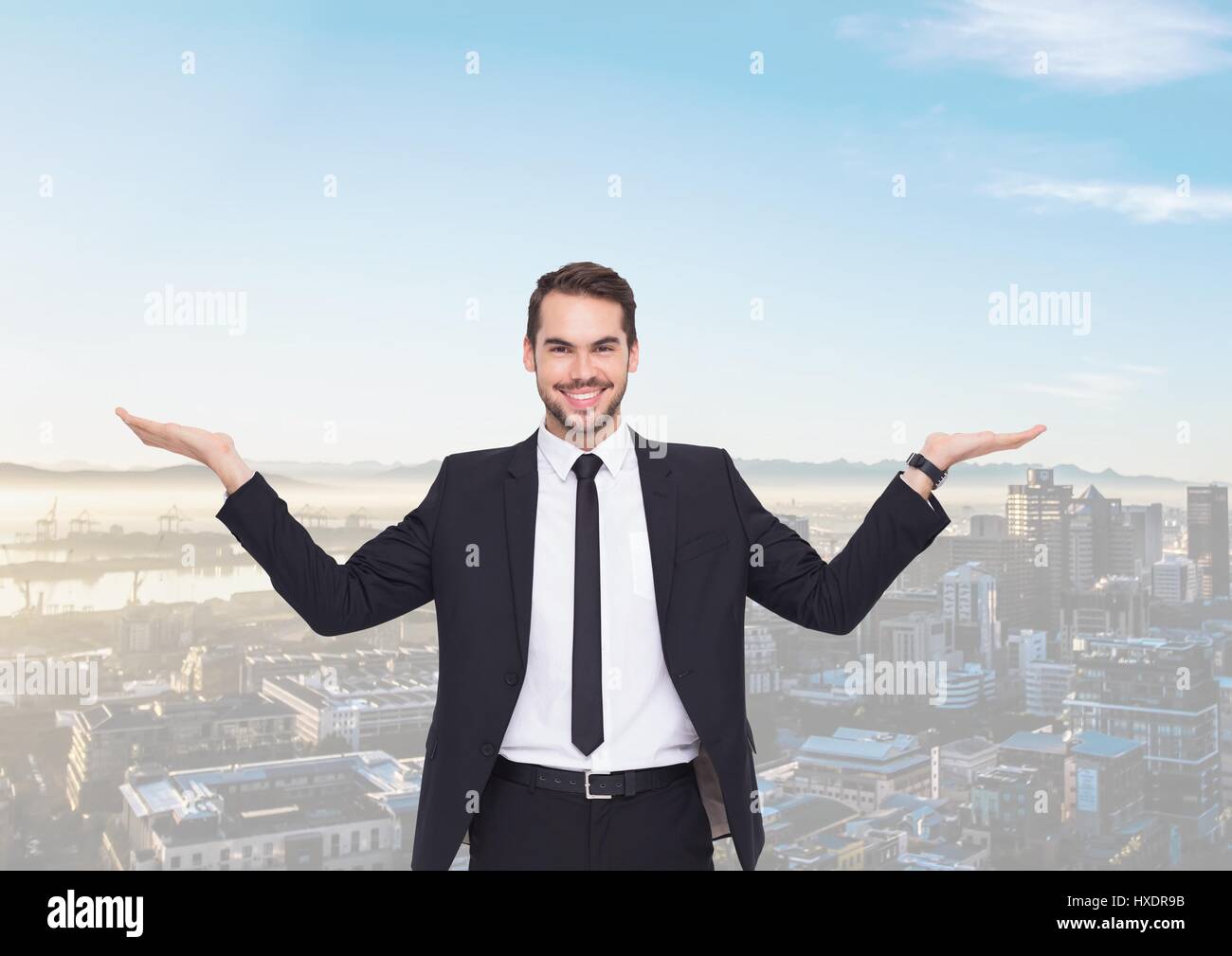 Digital composite of Man choosing or deciding with open palm hands ...