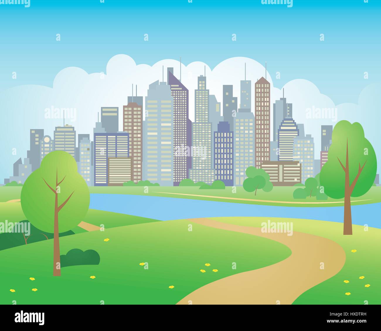 Vector illustration of park in the city, skyscrapers in background Stock Vector