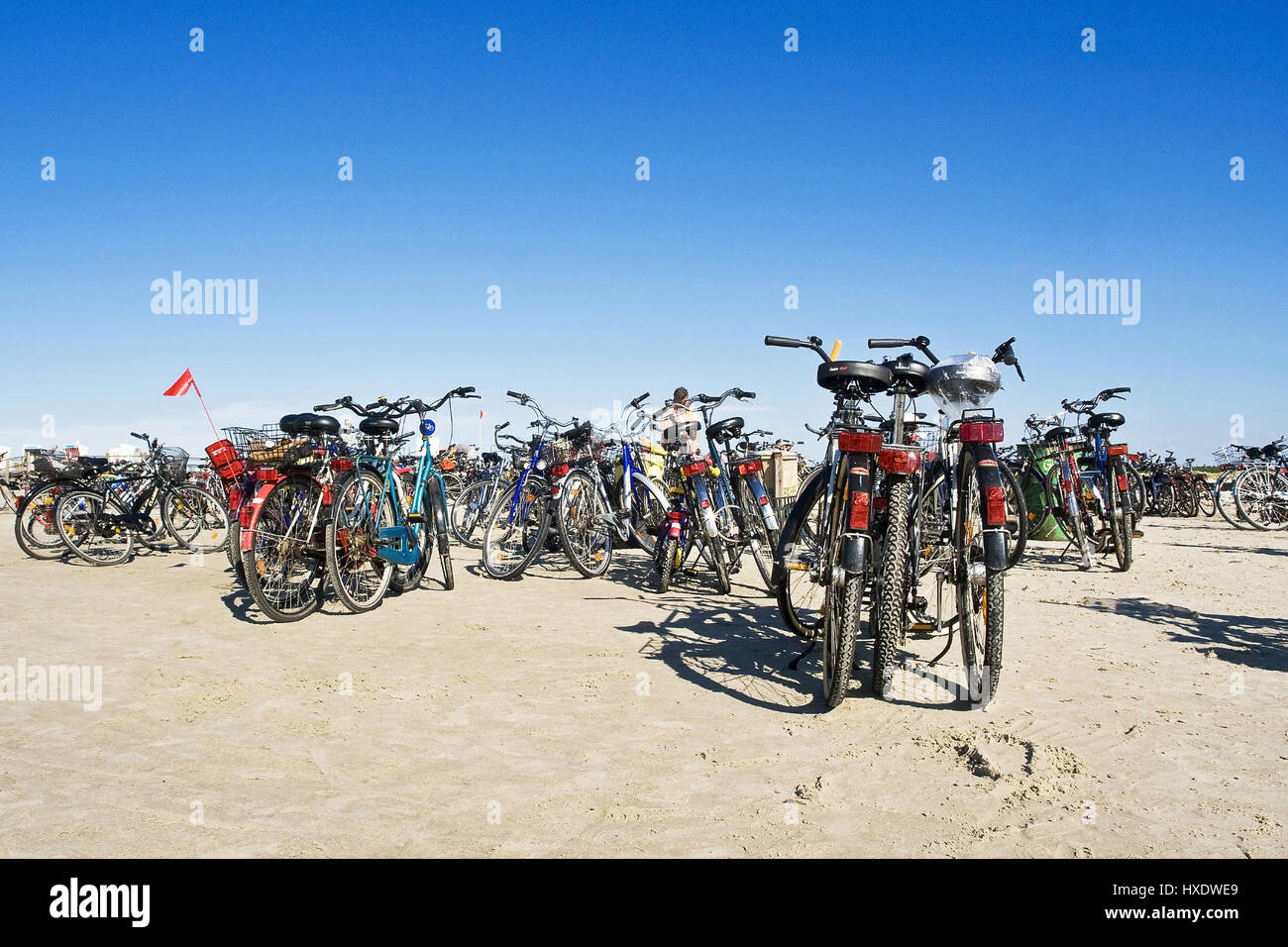 Bicycles on the beach of Saint Peter-Ording, Fahrraeder am Strand von St. Peter-Ording Stock Photo