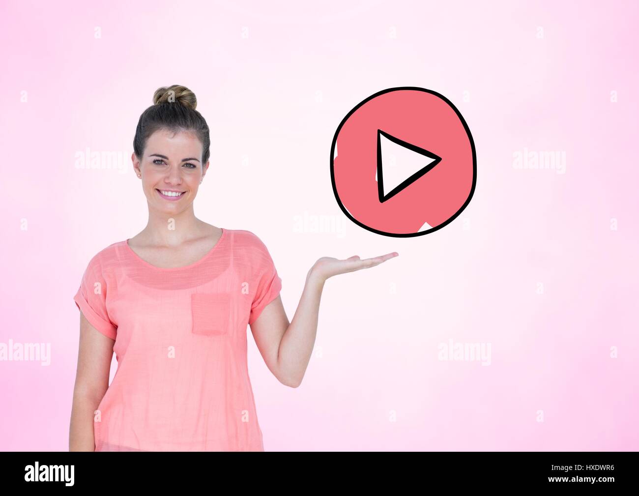 Digital composite of Woman with open palm hand under play button icon ...