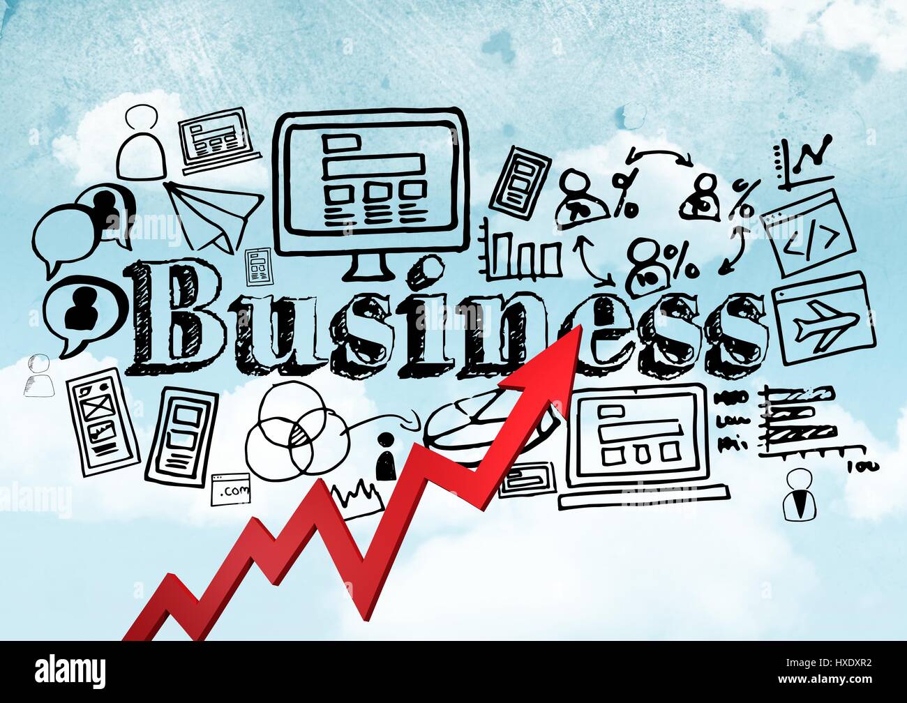 Digital composite of Red arrow with black business doodles against sky ...
