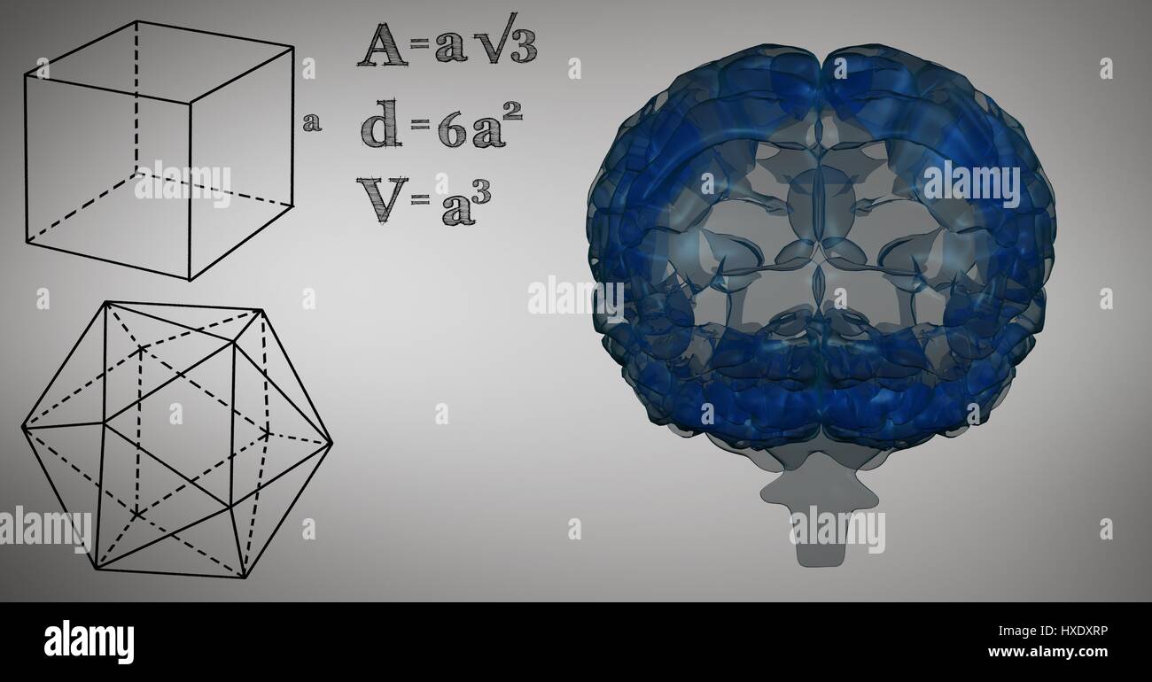 Digital composite of Blue brain and black math graphics against grey ...
