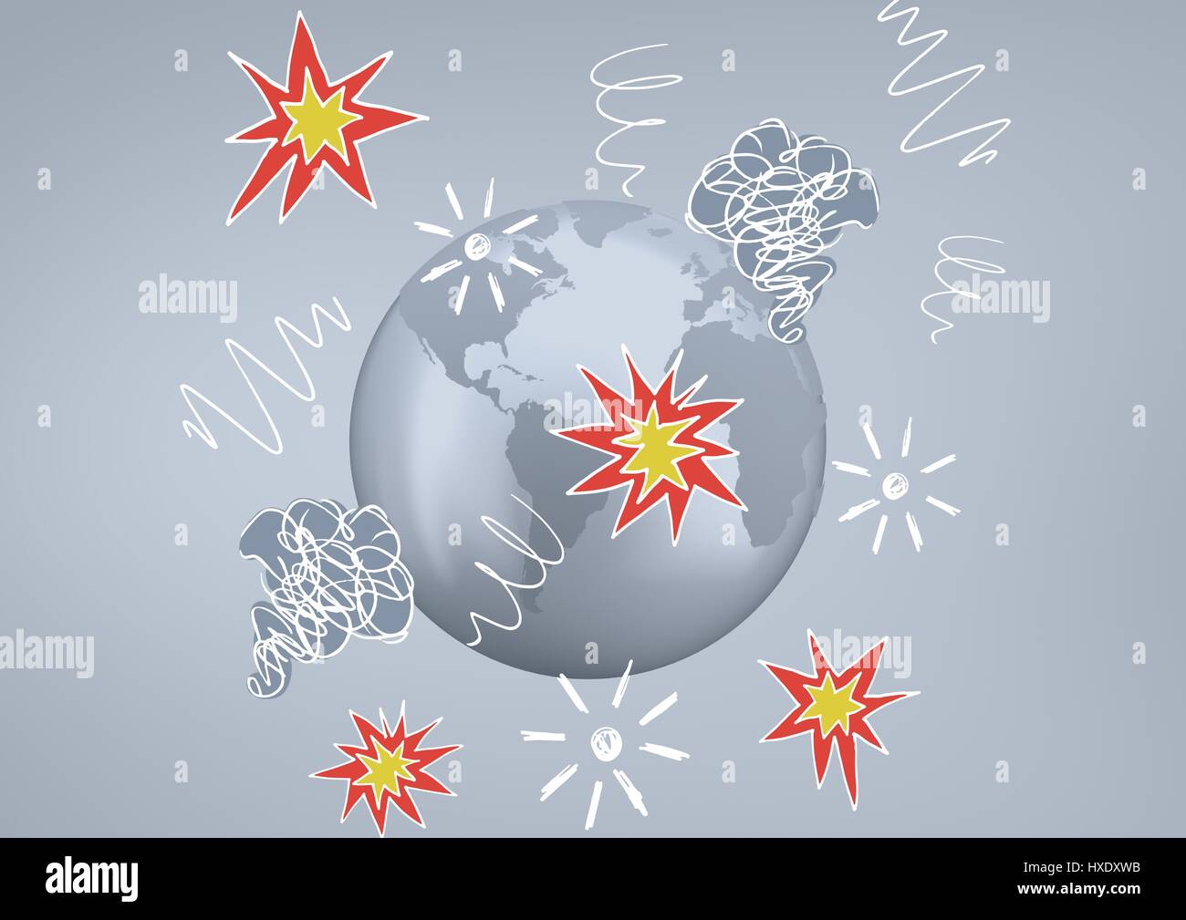 Digital composite of World with explosions and smoke drawings against ...