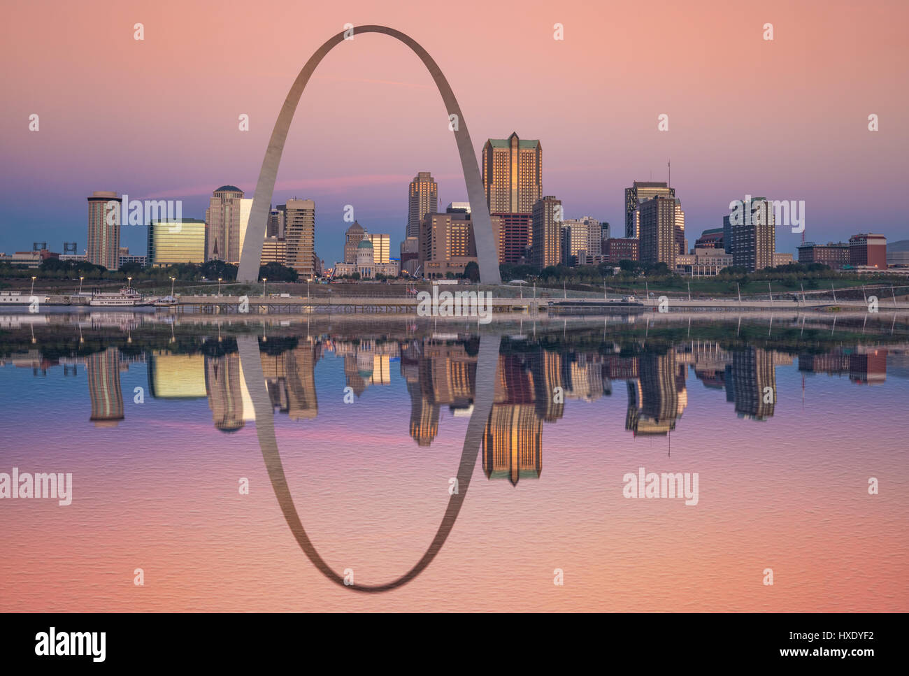 Sunrise reflection of the St Louis skyline along the Mississippi River Stock Photo