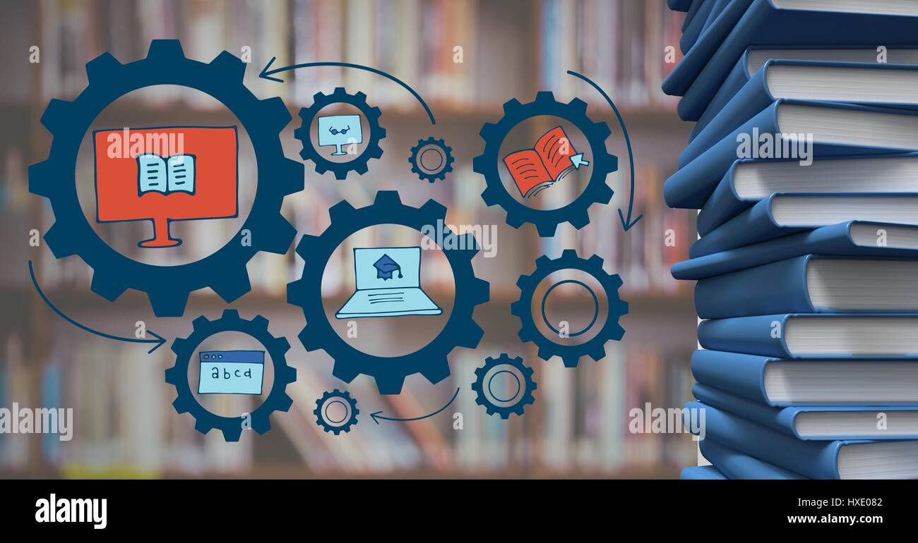 Digital composite of Pile of books with blue gear graphics against ...