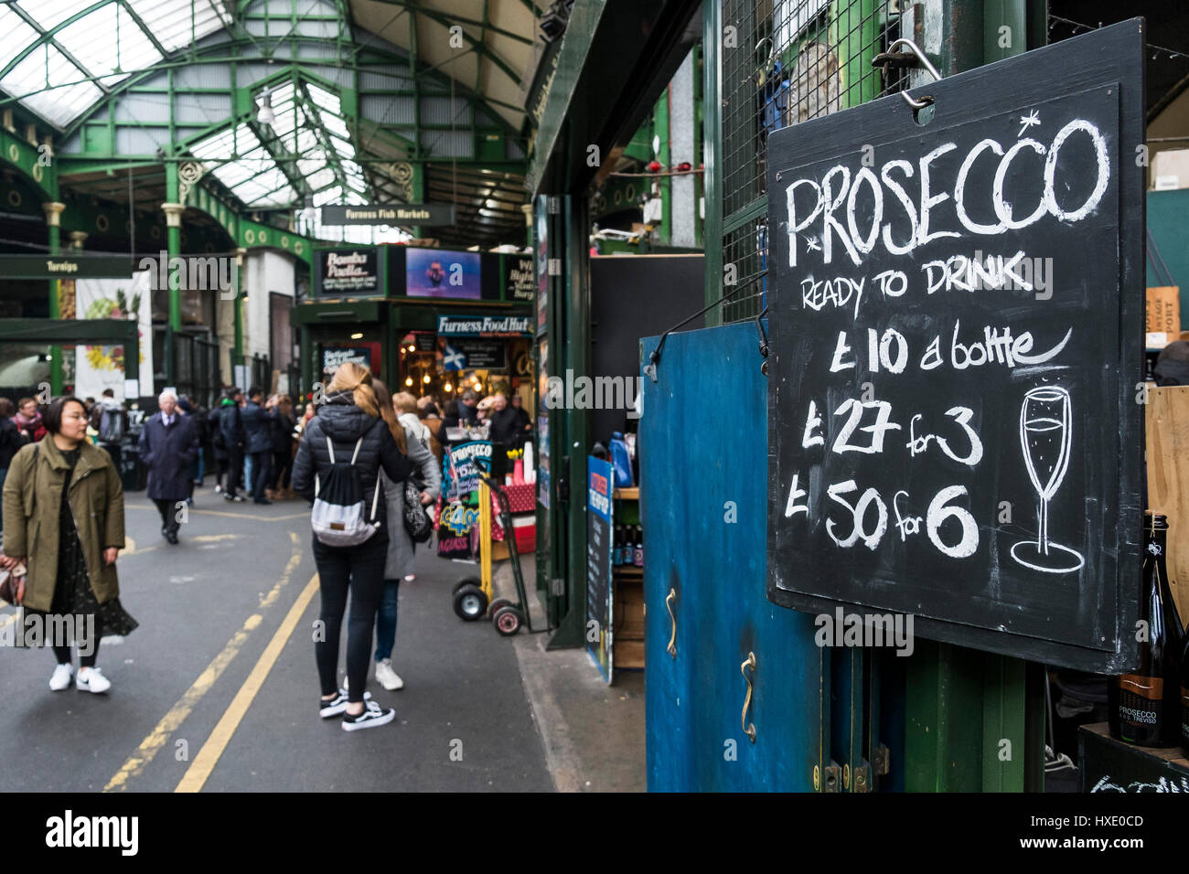 Borough Market Interior Sign Prosecco Customers Shoppers Tourists London Tourism Stock Photo