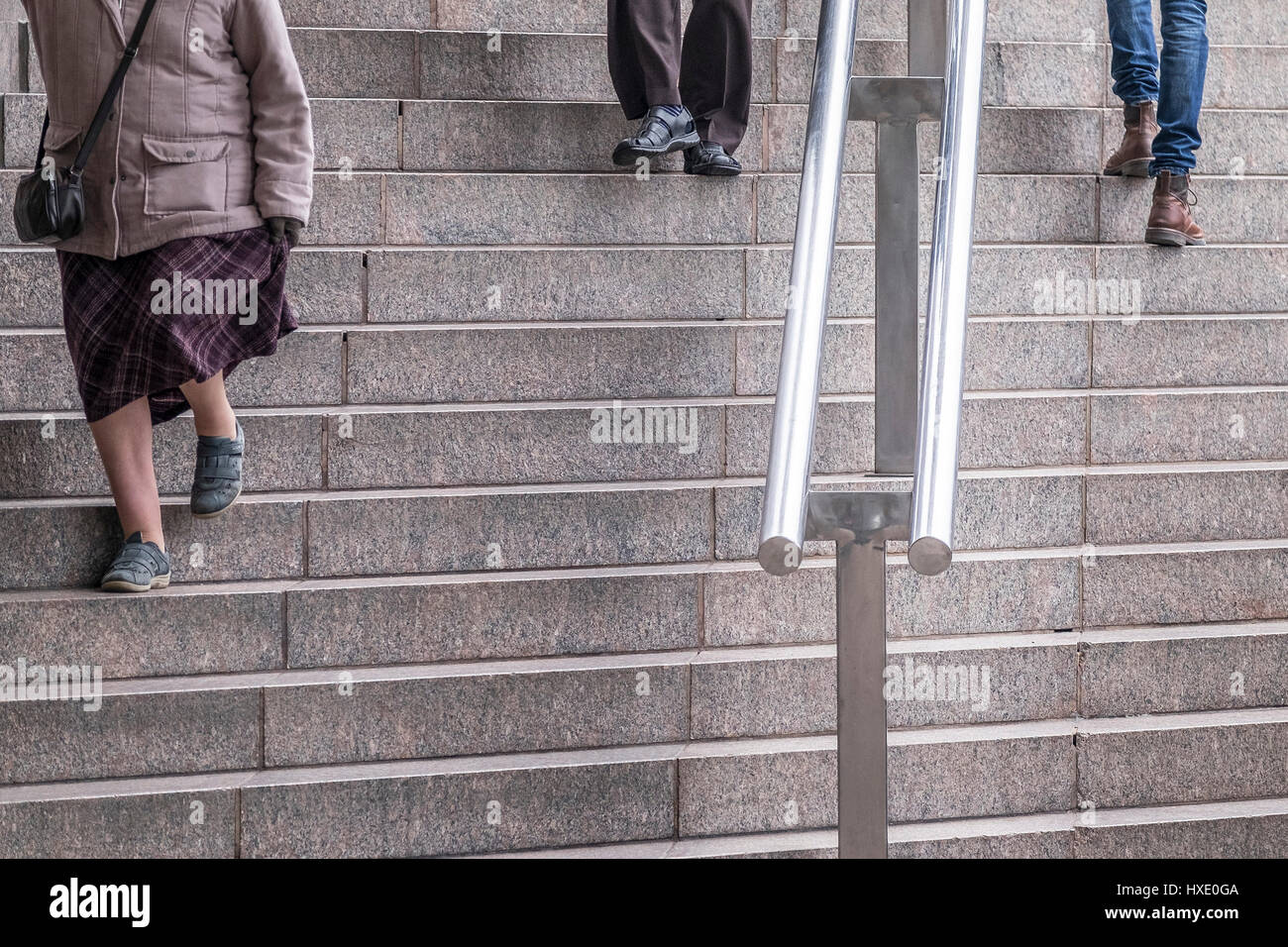 People Walking Ascending Descending Stairs Steps Handrail Going Up Down Stock Photo