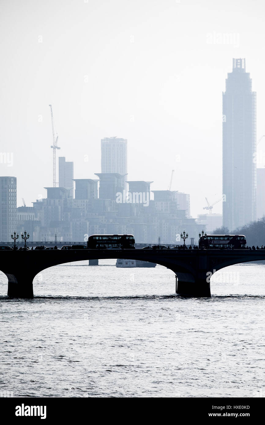 Westminster Bridge Silhouette London Skyline River Thames Crossing Haze Hazy Stock Photo