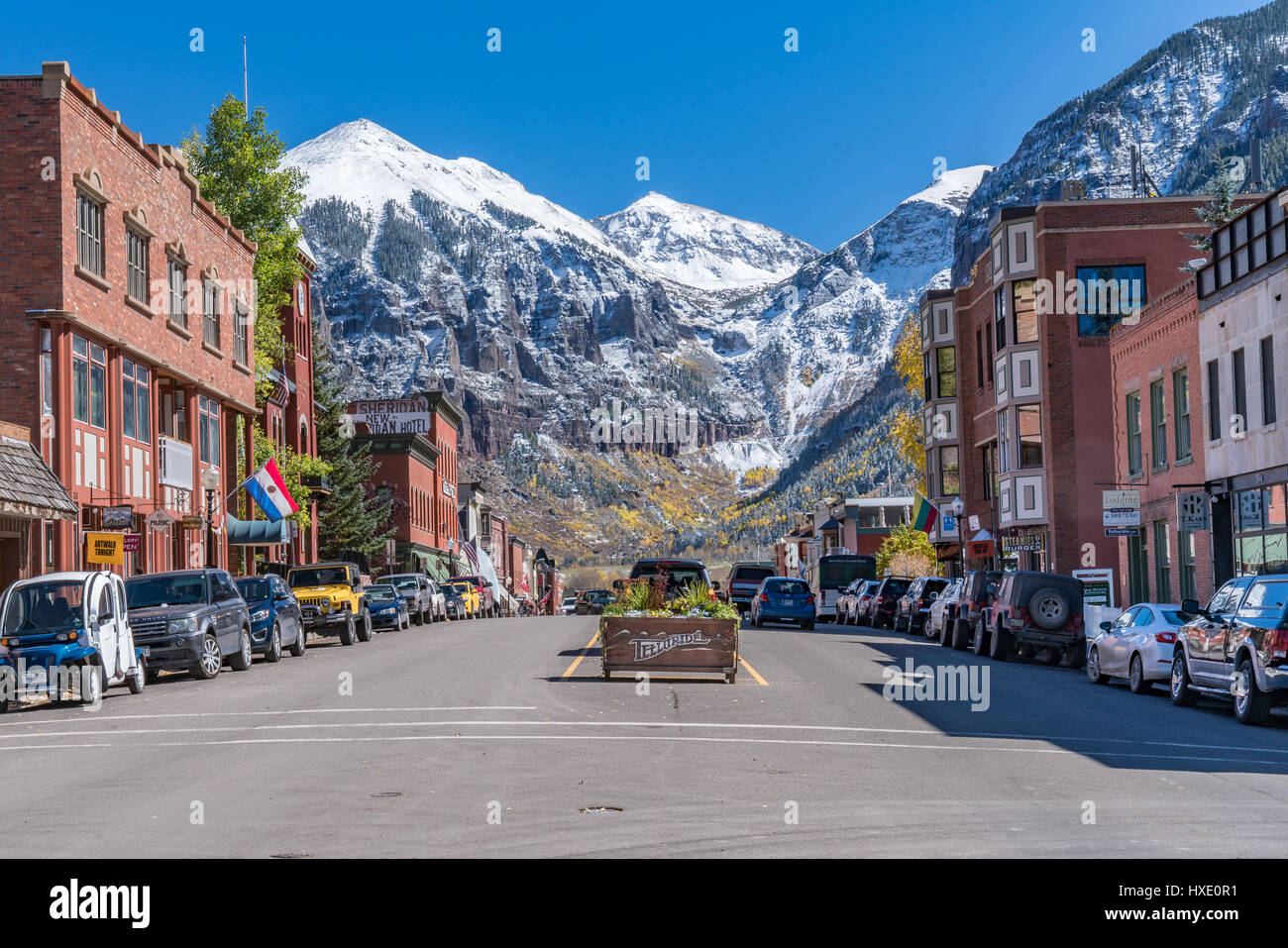 Looking up Colorado Avenue in Telluride, Colorado Stock Photo