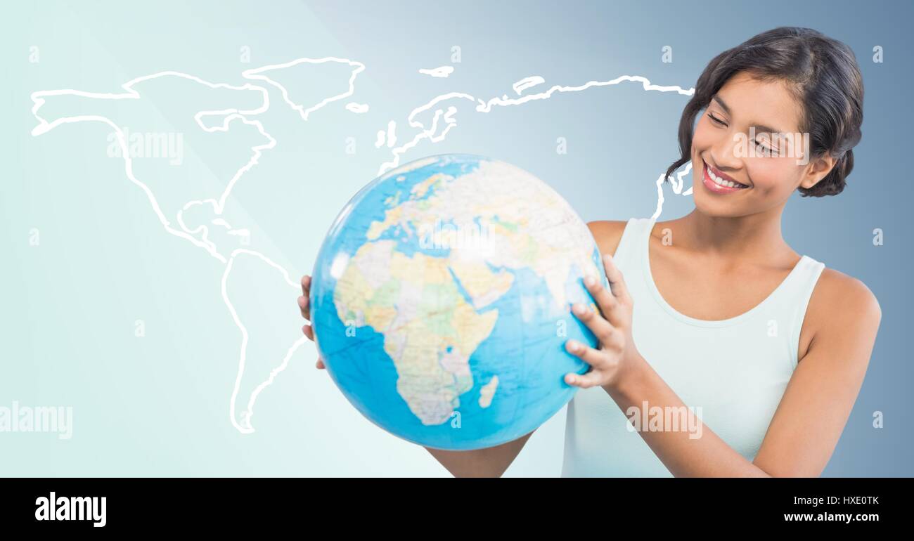 Digital composite of Woman with globe against white map and blue background Stock Photo