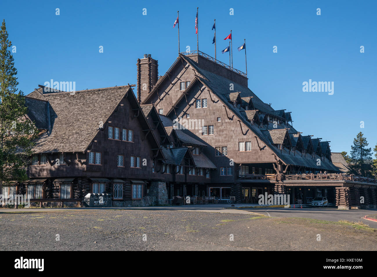 YELLOWSTONE, WY - SEPTEMBER 27: Exterior of the historic Old Faithful Inn in Yellowstone National Park, Wyoming.  Built in 1904, the inn is considered Stock Photo