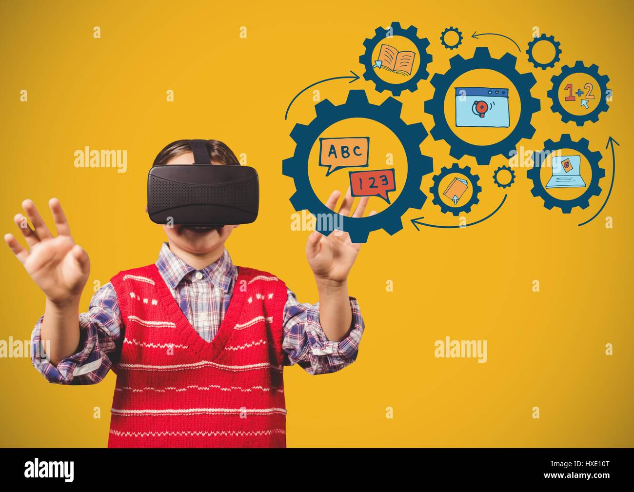 Digital composite of Child with Virtual reality headset touching ...
