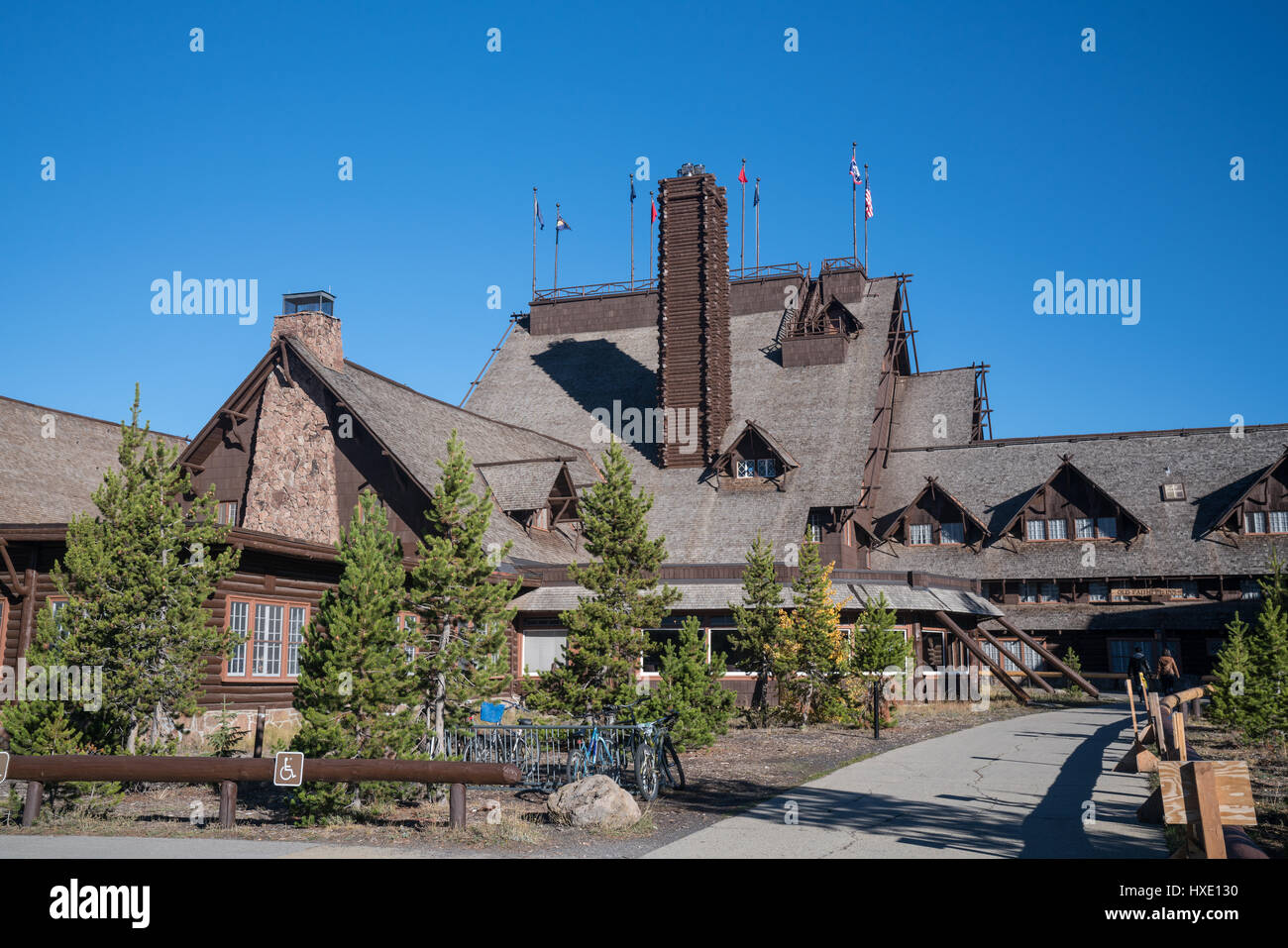 YELLOWSTONE, WY - SEPTEMBER 27: Exterior of the historic Old Faithful Inn in Yellowstone National Park, Wyoming.  Built in 1904, the inn is considered Stock Photo