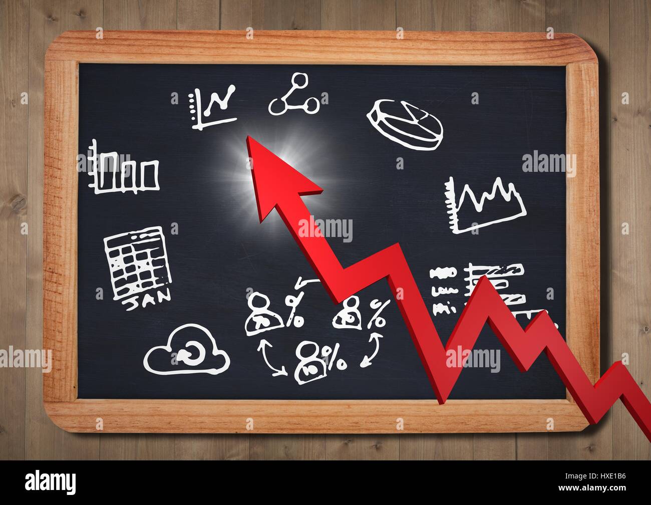 Digital composite of Red arrow and white business doodles against ...