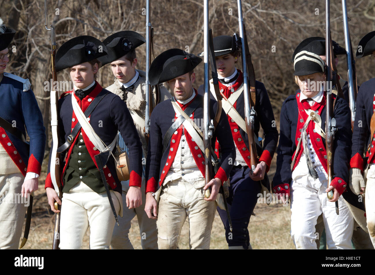 VALLEY FORGE, PA - FEBRUARY 2012: Revolutionary War soldiers during a reenactment in Valley Forge National Historic Park Stock Photo