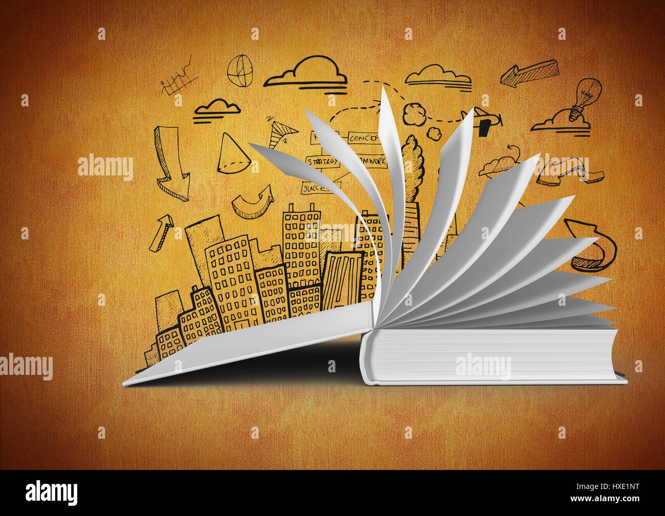 Digital composite of 3D Book open turning pages against orange background  with city illustration drawings Stock Photo - Alamy