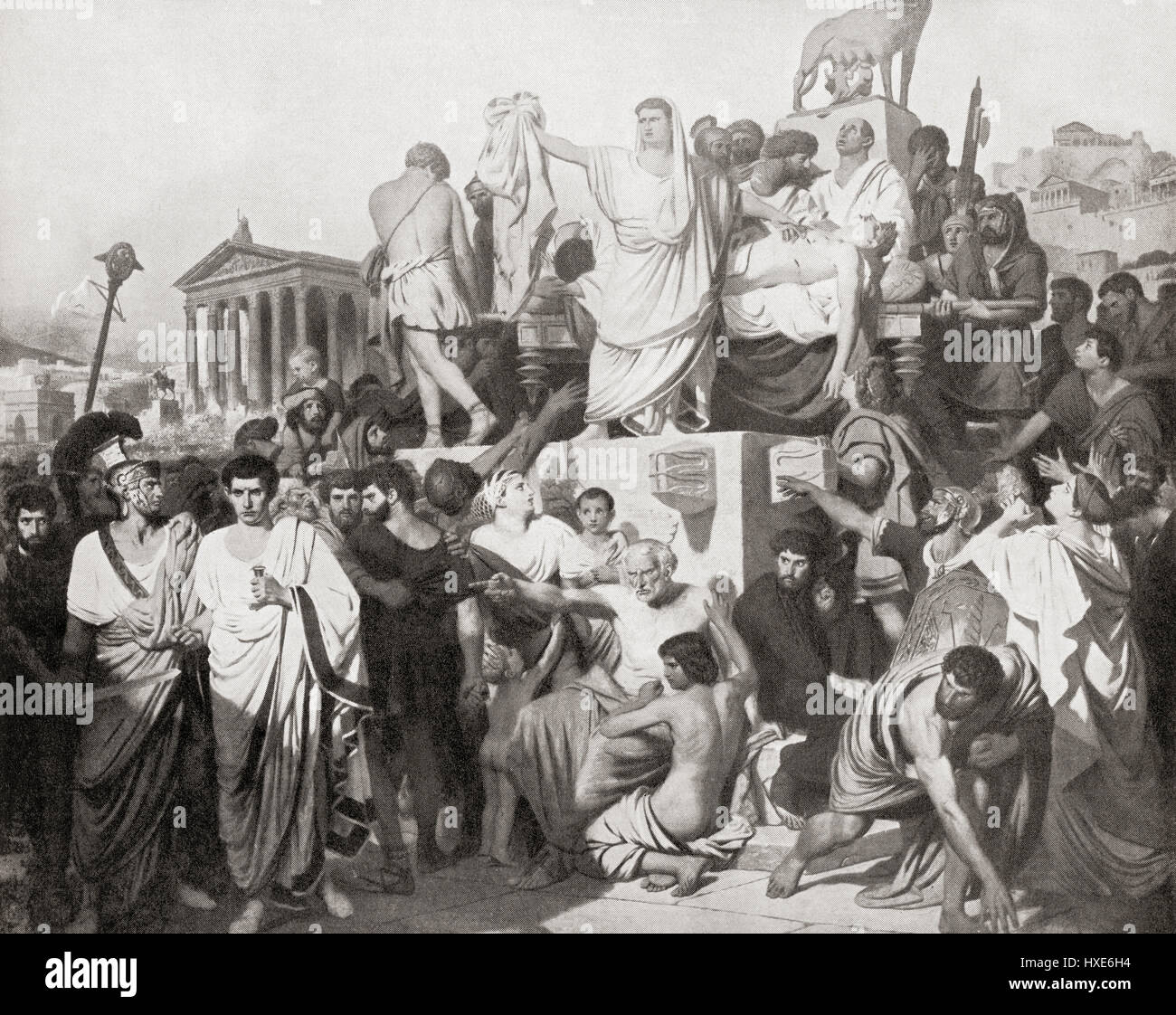Mark Antony delivering the funeral oration over the dead body of Caesar, 44BC.  Marcus Antonius, 83 BC – 30 BC, aka Mark or Marc Antony. Roman politician and general.  From Hutchinson's History of the Nations, published 1915. Stock Photo