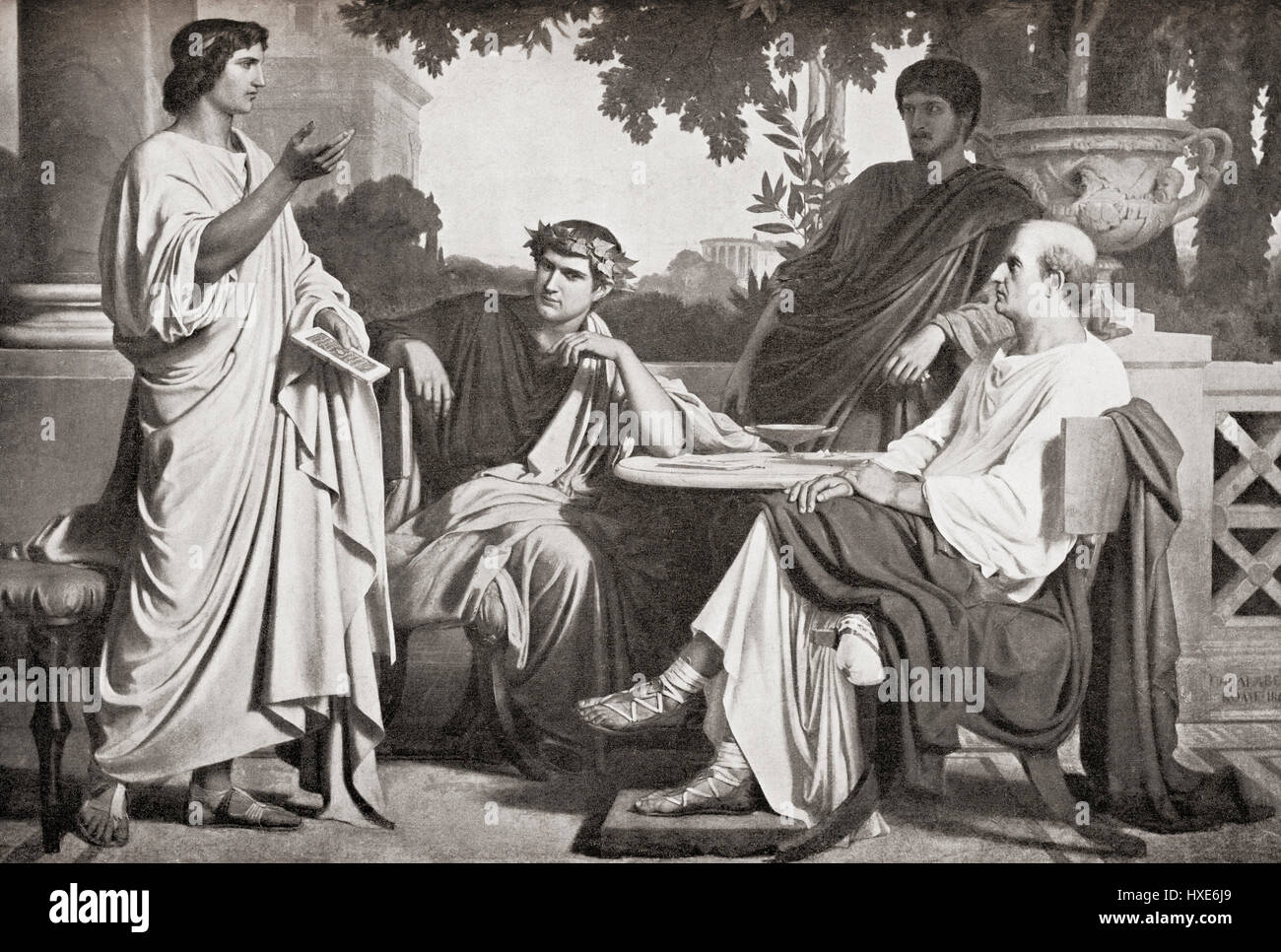 Left to right, Virgil, Horace and Varius at the House of Maecenas,(seated far right).  Publius Vergilius Maro, 70 BC – 19 BC, aka Virgil or Vergil. Ancient Roman poet of the Augustan period. Quintus Horatius Flaccus, 65 BC –  8 BC, aka Horace.  Roman lyric poet. Lucius Varius Rufus, c. 74 – 14 BC. Roman poet.  Gaius Cilnius Maecenas, 68 BC – 8 BC. Ally, friend and political advisor to Octavian and important patron for the new generation of Augustan poets.  From Hutchinson's History of the Nations, published 1915. Stock Photo