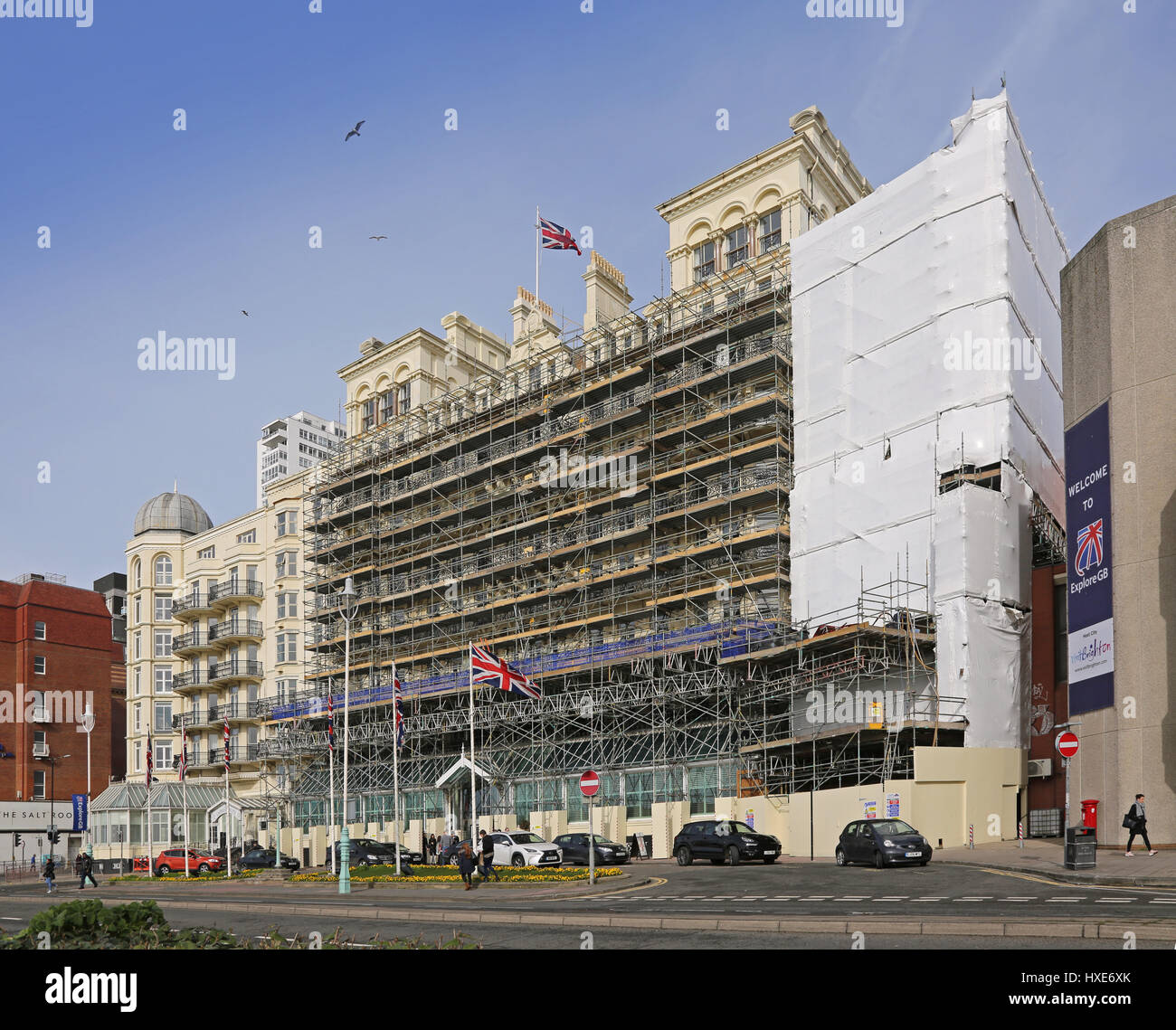 Brighton's Grand Hotel shrouded in scaffolding during refurbishment work, March 2017 Stock Photo