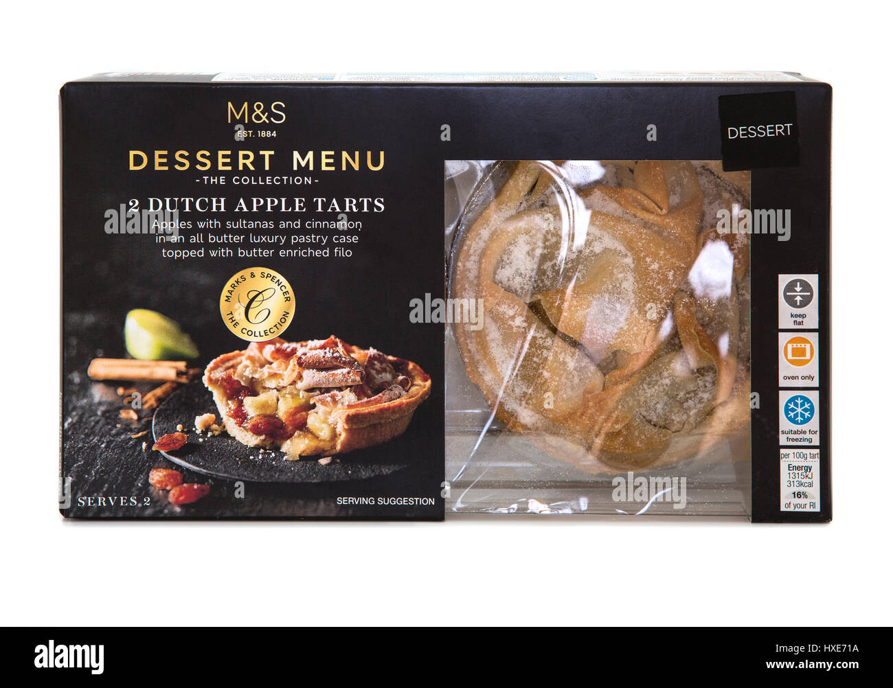 Packet of Marks & Spencer Dutch Apple Tarts with Sultanas and Cinnamon on a white background Stock Photo