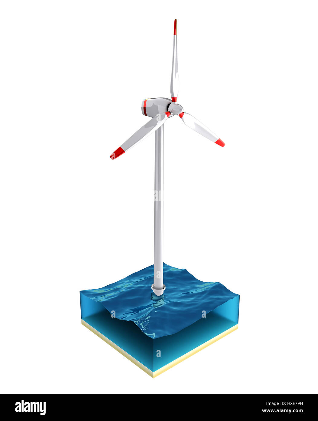 Wind turbine in the sea isolated on the white background. 3D render illustration. Stock Photo