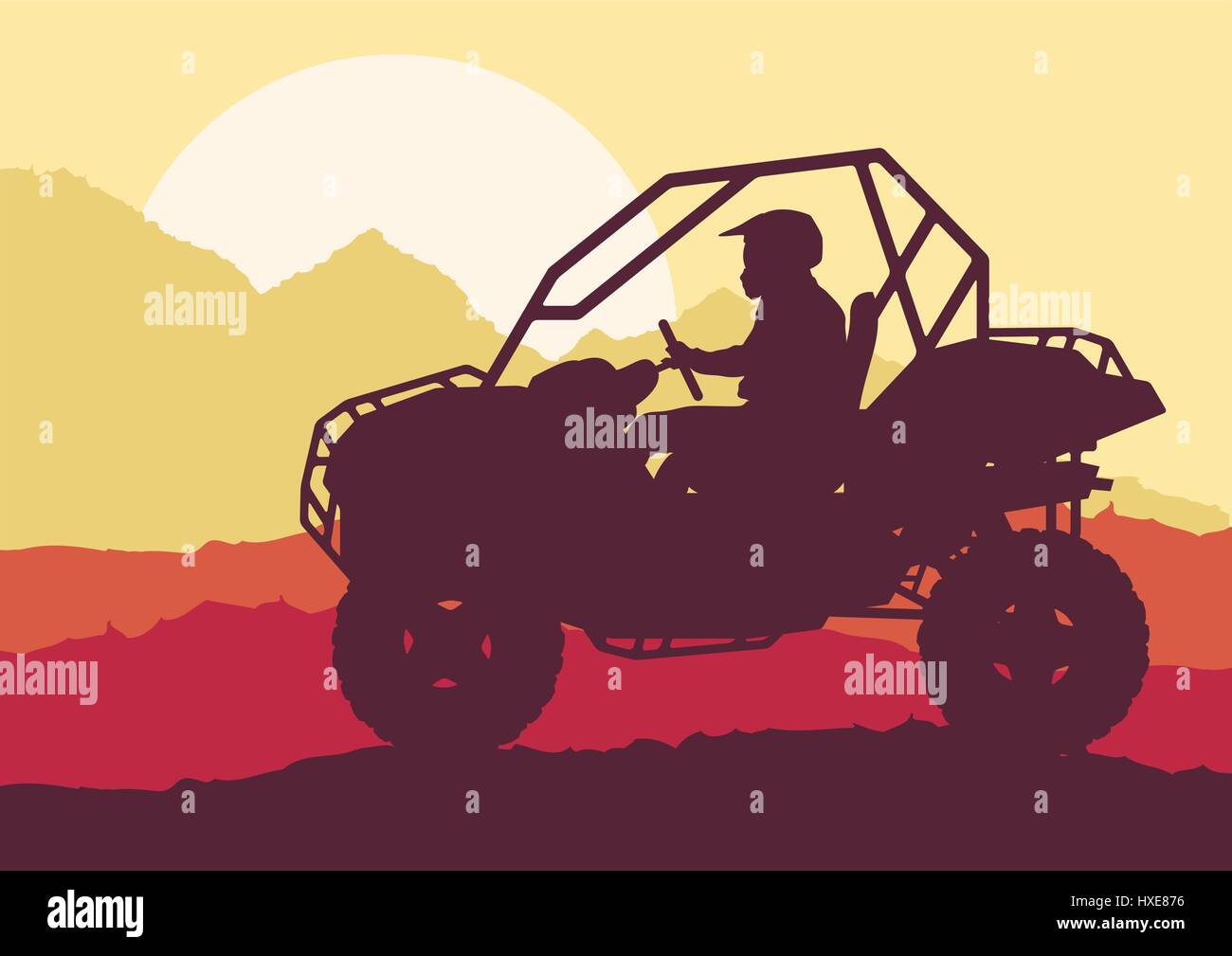 All terrain vehicle driver landscape with trees outdoor activity vector background Stock Vector