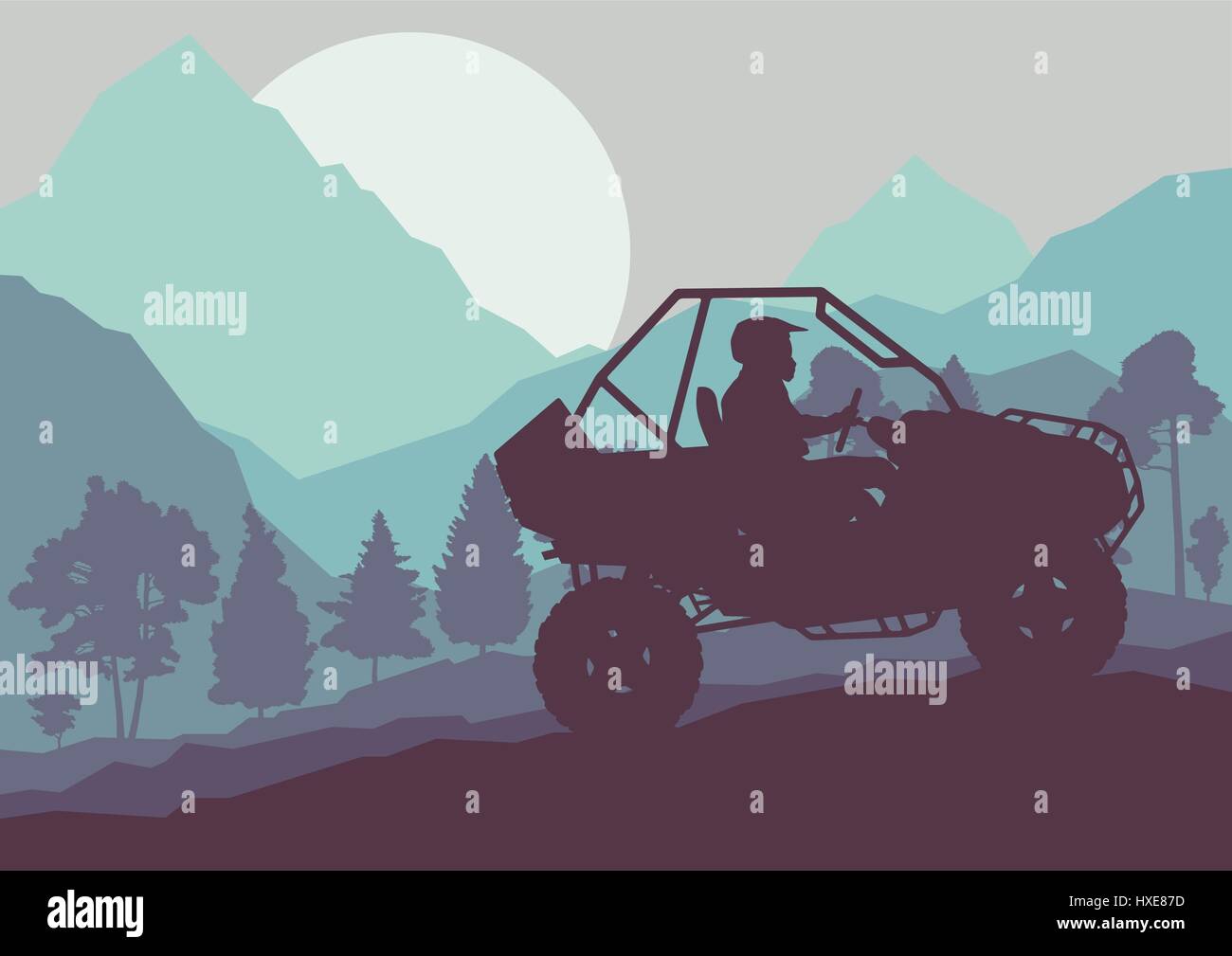 All terrain vehicle driver landscape with trees outdoor activity vector background Stock Vector