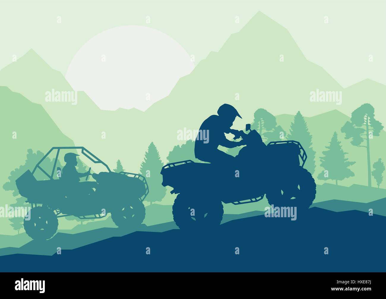 All terrain vehicle driver landscape with trees outdoor activity vector background Stock Vector
