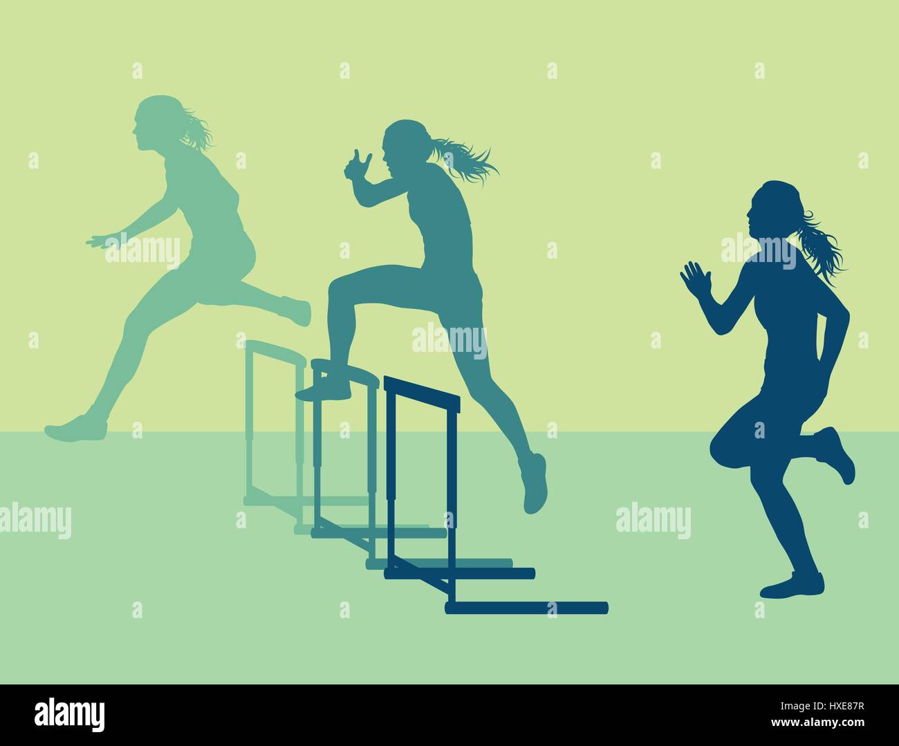 Hurdle race woman jumping over obstacle vector background Stock Vector
